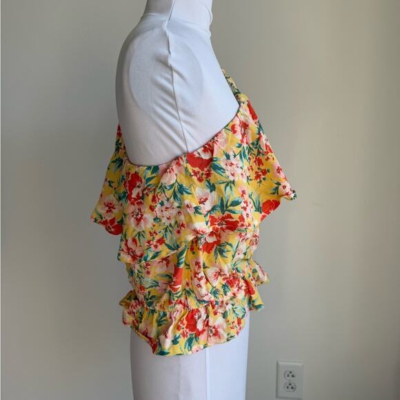 AMERICAN EAGLE YELLOW FLORAL ONE SHOULDER BLOUSE RUFFLE NECKLINE MEDIUM - Picture 3 of 7